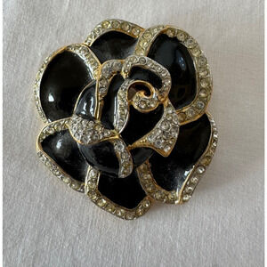 Kenneth Lane Black Enamel Rose Flower Floral Brooch Rhinestones Signed